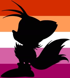 Size: 1664x1856 | Tagged: safe, artist:taeko, miles "tails" prower, fox, abstract background, female, headcanon, lesbian pride, looking up, mobius.social exclusive, no outlines, no source, pride, pride flag, pride flag background, side view, silhouette, solo, standing, trans female, trans girl tails, transgender