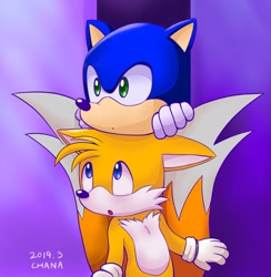 Size: 1287x1320 | Tagged: safe, artist:tailchana, miles "tails" prower, sonic the hedgehog, fox, hedgehog, abstract background, blushing, child, cute, doorway, duo, floppy ears, gloves, looking ahead, looking up at them, male, males only, mouth open, signature, sonabetes, standing, tailabetes, zootopia