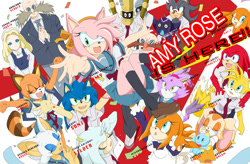 Size: 1848x1215 | Tagged: safe, artist:deannart, amy rose, blaze the cat, cheese (chao), cream the rabbit, gerald robotnik, knuckles the echidna, maria robotnik, marine the raccoon, miles "tails" prower, robotnik, rouge the bat, shadow the hedgehog, silver the hedgehog, sonic the hedgehog, tikal, bat, cat, chao, echidna, fox, hedgehog, human, rabbit, raccoon, abstract background, aged up, agender, character name, cosplay, crossover, english text, female, group, male, neutral chao, self paradox, text, the melancholy of haruhi suzumiya
