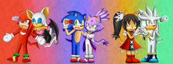 Size: 2164x804 | Tagged: safe, artist:joyoiyoi, blaze the cat, honey the cat, knuckles the echidna, rouge the bat, silver the hedgehog, sonic the hedgehog, bat, cat, echidna, hedgehog, abstract background, blaze is not amused, crack shipping, female, gradient background, group, knuxouge, male, psychokinesis, shipping, silvoney, sonaze, sonic the fighters, straight