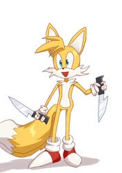 Size: 848x1200 | Tagged: safe, artist:maj2k2, miles "tails" prower, fox, gloves, holding something, knife, looking ahead, male, mouth open, shoes, simple background, socks, solo, standing, this will end in blood, white background