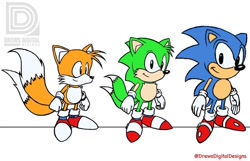 Size: 1080x697 | Tagged: safe, artist:drewsdigitaldesigns, miles "tails" prower, sonic the hedgehog, oc, fox, hedgehog, black eyes, fusion, fusion:sonic, fusion:tails, gloves, green fur, hedgefox, male, males only, peach fur, shoes, simple background, smile, socks, standing, trio, two tails, unnamed oc, watermark, white background, white tipped tail