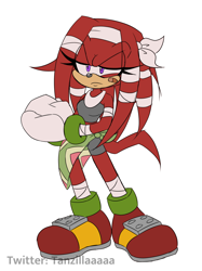 Size: 1528x2048 | Tagged: safe, artist:tanzillaaaa, knuckles the echidna, echidna, female, frown, gender swap, gloves, headscarf, lidded eyes, looking at viewer, plaster, shoes, simple background, solo, standing, white background