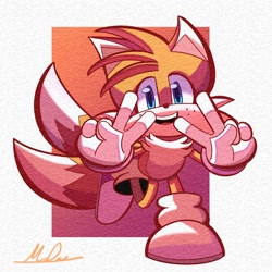 Size: 2000x2000 | Tagged: safe, artist:mo_duxy, miles "tails" prower, fox, abstract background, cute, double v sign, freckles, gloves, looking at viewer, male, mouth open, posing, redraw, running towards viewer, shadow the hedgehog (video game), shoes, signature, smile, socks, solo, tailabetes
