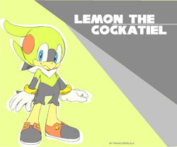 Size: 1280x1067 | Tagged: safe, artist:drawloverlala, oc, oc:lemon the cockatiel, bird, abstract background, blue eyes, character name, cockatiel, english text, gloves, looking at viewer, male, neck fluff, oc only, parrot, shoes, smile, solo, standing