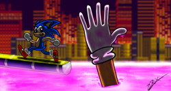 Size: 1080x576 | Tagged: safe, artist:zeroxthegamer, miles "tails" prower, sonic the hedgehog, fox, hedgehog, sonic the hedgehog 2, chemical plant, drowning, duo, gloves, looking back, male, males only, mouth open, running, shoes, signature, socks, water