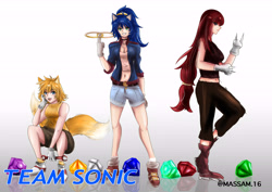 Size: 7016x4961 | Tagged: safe, artist:massam-16, knuckles the echidna, miles "tails" prower, sonic the hedgehog, human, anime, chaos emerald, cleavage, female, females only, gender swap, gloves, gradient background, holding something, humanized, looking at viewer, ring, shorts, spanner, squatting, standing, standing on one leg, style emulation, team sonic, trio