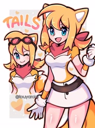 Size: 1524x2048 | Tagged: safe, artist:touyarokii, miles "tails" prower, human, abstract background, bandana, belt, blushing, cleavage, clenched fist, duality, female, gender swap, gloves, goggles, heart, humanized, mouth open, skirt, smile, solo, standing, two tails, wink