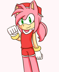 Size: 480x588 | Tagged: safe, artist:blueberry-97, amy rose, hedgehog, clenched fists, gender swap, gloves, hand behind back, hat, looking at viewer, male, pink background, ponytail, shorts, simple background, smile, solo, standing