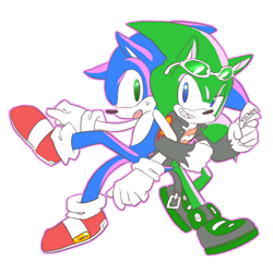 Size: 600x600 | Tagged: safe, artist:prr-11, scourge the hedgehog, sonic the hedgehog, hedgehog, clenched teeth, duo, gay, gloves, holding something, jacket, linking arms, male, males only, mouth open, movie ticket, outline, shipping, shoes, simple background, socks, sonourge, sunglasses, sweatdrop, transparent background