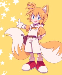 Size: 800x971 | Tagged: artist needed, source needed, safe, miles "tails" prower, human, abstract background, belt, blushing, child, cute, gloves, humanized, looking at viewer, male, mouth open, pointing, posing, redraw, shoes, socks, solo, spanner, standing, star (symbol), tailabetes, two tails