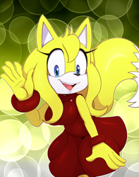Size: 1008x1280 | Tagged: safe, artist:bigdon1992, zooey the fox, fox, abstract background, cute, female, gradient background, looking at viewer, mouth open, solo, sonic boom (tv), standing, waving, zooeybetes