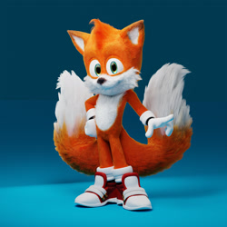 Size: 1920x1920 | Tagged: safe, artist:joão filipe santiago, miles "tails" prower, fox, 3d, fluffy, gloves, gradient background, hand on hip, looking at viewer, male, movie style, pointing, shoes, smile, socks, solo, youtube link in description