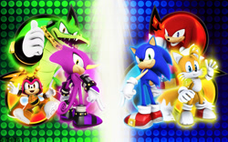 Size: 1920x1200 | Tagged: safe, charmy bee, espio the chameleon, knuckles the echidna, miles "tails" prower, sonic the hedgehog, vector the crocodile, bee, crocodile, echidna, fox, hedgehog, lizard, sonic heroes, 3d, abstract background, chameleon, frown, gloves, group, looking at viewer, male, males only, shoes, smile, socks, standing, team chaotix, team sonic, wallpaper