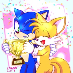 Size: 2000x2000 | Tagged: safe, artist:tailchana, miles "tails" prower, sonic the hedgehog, fox, hedgehog, abstract background, blushing, chest fluff, clenched teeth, confetti, cute, duo, ear fluff, gloves, hand on another's shoulder, holding something, looking at viewer, male, males only, mouth open, signature, smile, standing, tailabetes, team sonic racing, trophy, wink
