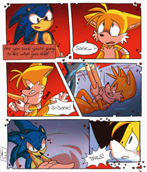 Size: 612x720 | Tagged: semi-grimdark, artist:nannelflannel, miles "tails" prower, sonic the hedgehog, fox, hedgehog, comic:sonic forces you to cry, sonic forces, alternate universe, attempted murder, bandage, border, bubbles, comic, dialogue, duo, floppy ears, glitch, gloves, hands around neck, illusion, male, sad, shocked, shrunken pupils, signature, tears of sadness, underwater, water