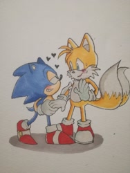 Size: 1536x2048 | Tagged: safe, artist:emilywiccan, miles "tails" prower, sonic the hedgehog, fox, hedgehog, blushing, classic sonic, duo, gay, gloves, grey background, hand on another's arm, heart, holding hands, lidded eyes, looking at each other, male, modern tails, mouth open, shipping, shoes, simple background, socks, sonic x tails, standing, sweatdrop