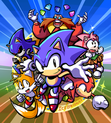 Size: 640x711 | Tagged: safe, artist:icebridget, amy rose, knuckles the echidna, metal sonic, miles "tails" prower, robotnik, sonic the hedgehog, echidna, fox, hedgehog, human, sonic origins, abstract background, amybetes, chaos emerald, classic style, cute, female, flying, group, knucklebetes, laughing, looking at viewer, male, mid-air, mouth open, pointing, reaching towards the viewer, redraw, robot, sonabetes, sparkles, tailabetes, title screen