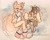 Size: 2048x1620 | Tagged: safe, artist:aconfusedaj, charmy bee, miles "tails" prower, bee, fox, abstract background, blushing, charmabetes, clenched fists, cute, duo, eyes closed, flying, gloves, looking at them, male, mouth open, oversized, redesign, shoes, socks, spinning tails, tailabetes, traditional media, wink