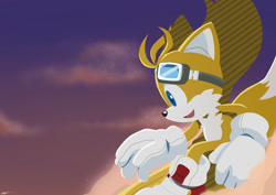 Size: 1684x1191 | Tagged: safe, artist:unleash_arts, miles "tails" prower, fox, clouds, extreme gear, gloves, goggles, looking ahead, male, mouth open, no outlines, riders style, shoes, signature, solo, sonic riders
