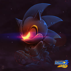 Size: 800x800 | Tagged: safe, artist:nerkin, silver sonic, abstract background, clenched fist, glowing eyes, male, no mouth, no outlines, red eyes, robot, solo, sonic 2 hd (fanproject), star (sky)