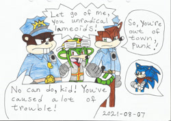 Size: 1280x913 | Tagged: safe, artist:katarinathecat, sonic the hedgehog, hedgehog, wolf, beaver, beaver policeman, male, shrew, simple background, sonic boom (tv), swifty the shrew, traditional media, white background, wolf policeman