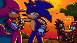 Size: 1280x720 | Tagged: safe, artist:jennsterjay, espio the chameleon, knuckles the echidna, shadow the hedgehog, sonic the hedgehog, echidna, hedgehog, lizard, chameleon, gay, group, knuxadow, male, shipping, sonespio