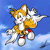 Size: 800x795 | Tagged: safe, artist:stevenjohnson, miles "tails" prower, fox, sonic heroes, abstract background, arms out, clouds, gloves, looking at viewer, mid-air, modern tails, mouth open, posing, redraw, shoes, signature, socks, solo, uekawa style, v sign