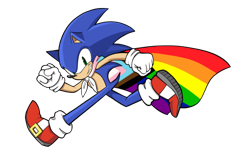 Size: 500x307 | Tagged: safe, artist:salamander-does-art, sonic the hedgehog, hedgehog, alternate version, cape, clenched fists, clenched teeth, gloves, looking at viewer, male, pride, pride cape, progress pride, running, shoes, simple background, smile, socks, solo, transparent background