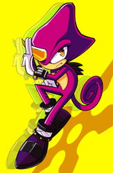 Size: 1200x1846 | Tagged: safe, artist:paleriderz, espio the chameleon, lizard, abstract background, chameleon, echo background, frown, gloves, looking offscreen, male, posing, shoes, shuriken, solo