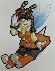 Size: 1405x1833 | Tagged: safe, artist:sweetbutts, charmy bee, bee, boots, cleavage, dress, female, flying, gender swap, gloves, grey background, lidded eyes, looking at viewer, mouth open, simple background, solo, traditional media, wings, zip