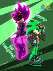 Size: 768x1024 | Tagged: safe, artist:animesonic2, scourge the hedgehog, super scourge, hedgehog, abstract background, black sclera, clenched fist, duality, flying, gloves, glowing, hand on hip, lidded eyes, looking at viewer, male, mid-air, poster, red eyes, shoes, solo, standing, super form