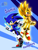 Size: 768x1024 | Tagged: safe, artist:animesonic2, sonic the hedgehog, super sonic, hedgehog, abstract background, clenched fists, clenched teeth, duality, flying, frown, gloves, glowing, looking at viewer, looking back, looking offscreen, male, mid-air, pointing, poster, red eyes, running, shoes, smile, socks, solo, super form