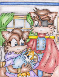 Size: 1268x1630 | Tagged: safe, artist:dragonquesthero, amadeus prower, miles "tails" prower, rosemary prower, fox, baby, child, family, rosedeus, shipping, trio