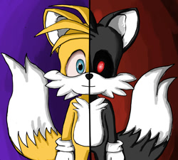 Size: 1000x900 | Tagged: safe, artist:mannybcadavera, miles "tails" prower, oc, oc:tails.exe, fox, abstract background, alignment swap, black sclera, duo, gloves, looking at viewer, male, red eyes, standing, two sides