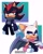 Size: 1638x2048 | Tagged: safe, artist:arsworlds, rouge the bat, shadow the hedgehog, bat, hedgehog, abstract background, chipped ear, duo, earring, female, frown, g.u.n logo, gender swap, gloves, jacket, lidded eyes, looking at viewer, male, standing