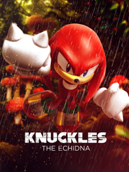 Size: 640x849 | Tagged: safe, artist:misterwayne92, knuckles the echidna, echidna, 3d, character name, clenched fists, english text, frown, gloves, looking ahead, male, mid-air, mushroom, mushroom hill, outdoors, poster, rain, shoes, solo, tree
