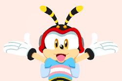 Size: 817x542 | Tagged: safe, artist:mrneedlem0use, charmy bee, bee, beige background, child, gloves, headcanon, looking at viewer, male, mouth open, no outlines, shirt, simple background, solo, trans male, trans pride, transgender