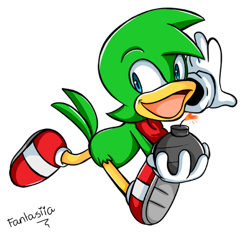 Size: 554x521 | Tagged: safe, artist:ipun, bean the dynamite, bird, bandana, bomb, gloves, holding something, looking behind, male, mouth open, red shoes, running, shoes, signature, simple background, solo, transparent background