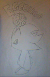Size: 274x425 | Tagged: safe, artist:cross-roads-kelly, oc, oc:eggchao, chao, ambiguous gender, angry, character name, clementj642, dark chao, grey background, pencilwork, simple background, solo, standing, traditional media