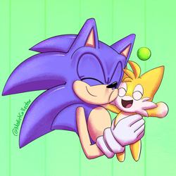 Size: 1280x1280 | Tagged: safe, artist:modistcollector, sonic the hedgehog, chao, hedgehog, abstract background, arms out, character chao, cute, duo, eyes closed, gloves, happy, holding them, male, mouth open, nuzzle, smile, sonabetes, tails chao