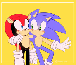 Size: 1280x1095 | Tagged: safe, artist:modistcollector, mighty the armadillo, sonic the hedgehog, armadillo, hedgehog, abstract background, blushing, clenched fists, duo, gloves, hand on another's shoulder, looking at each other, male, males only, raised eyebrow, smile, standing, standing on one leg