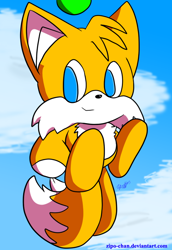 Size: 550x800 | Tagged: dead source, safe, artist:zipo-chan, chao, agender, character chao, chest fluff, clouds, cute, flying, looking at viewer, mid-air, signature, smile, solo, tails chao, two tails