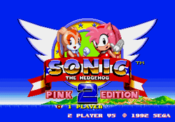 Size: 320x224 | Tagged: safe, amy rose, cream the rabbit, hedgehog, rabbit, sonic the hedgehog 2, 16-bit, child, clenched fist, duo, female, females only, gloves, looking at viewer, mouth open, posing, rom hack, sega logo, sonic the hedgehog 2: pink edition (rom hack), title screen, waving