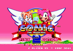Size: 320x224 | Tagged: safe, amy rose, cheese (chao), cream the rabbit, chao, 16-bit, abstract background, bowtie, child, clenched fist, duo, female, females only, looking at viewer, mouth open, neutral chao, no source, rom hack, sega logo, smile, sonic the hedgehog 2: pink edition (rom hack), title screen, waving, wink