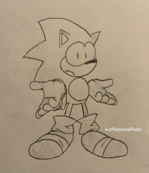 Size: 640x743 | Tagged: safe, artist:waffeelswaffeels, sonic the hedgehog, hedgehog, classic sonic, frown, gloves, idle, looking at viewer, male, monochrome, redraw, shoes, shrugging, socks, solo, sonic the hedgehog 2 (8bit), standing, traditional media