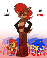 Size: 250x313 | Tagged: semi-grimdark, artist:falsecow, sally acorn, sonic the hedgehog, oc, oc:sally.exe, oc:selly, oc:sunky, chipmunk, hedgehog, :3, clenched teeth, dialogue, english text, eye trauma, female, gradient background, group, hands on hips, sallabetes, sparkles, standing, torn flesh