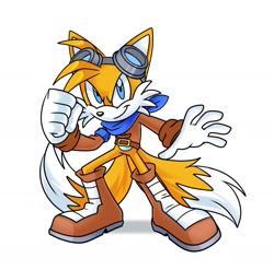Size: 1773x1753 | Tagged: safe, artist:melodycler01, artist:melodyclerenes, miles "tails" prower, fox, aviator jacket, bandana, belt, boots, clenched fist, gloves, goggles, jacket, leaning, looking at viewer, male, simple background, smile, solo, standing, tails adventure armada (fanproject), white background