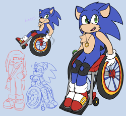 Size: 1280x1174 | Tagged: source needed, safe, artist:sonicaspeed123, knuckles the echidna, sonic the hedgehog, hedgehog, alternate universe, blue background, disabled, duo, kneepads, looking at each other, looking at viewer, male, necklace, ring, simple background, sitting, sketch, standing, wheelchair, wink