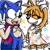 Size: 1000x1000 | Tagged: safe, artist:scrapyardrat, miles "tails" prower, sonic the hedgehog, fox, hedgehog, abstract background, badge, bisexual pride, black lives matter, cape, chest fluff, clenched fist, cute, dress, duo, eyes closed, fangs, female, fluffy, gloves, headcanon, holding hands, looking at them, male, mouth open, necklace, pride, pride cape, pronouns badge, scars, socks, sonabetes, standing, star (symbol), tailabetes, top surgery scars, trans female, trans girl tails, trans male, trans pride, v sign